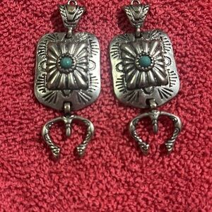 TURQUOISE SQUASH BLOSSOM EARRINGS SILVER CONCHO 
2 3/4” LONG About 1” WIDE  NEW